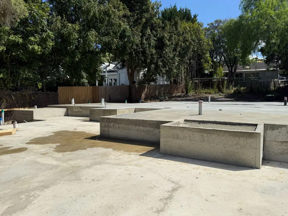 Stepped concrete slab ready for framing